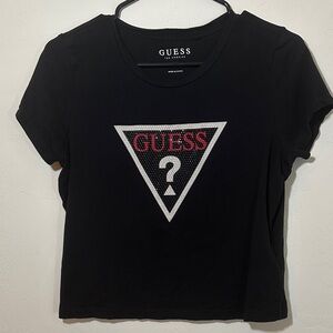 GUESS Black Logo Graphic Tee Women’s Size L Rhinestone Triangle Shirt